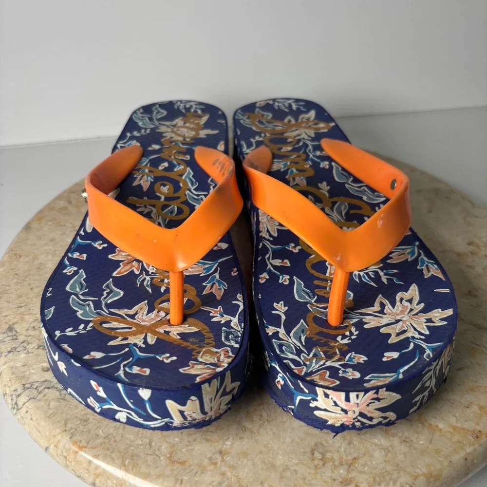 Sam Edelman Kylee Platform Flip Flops 7M Navy Orange Floral Wedge Sandals Y2K